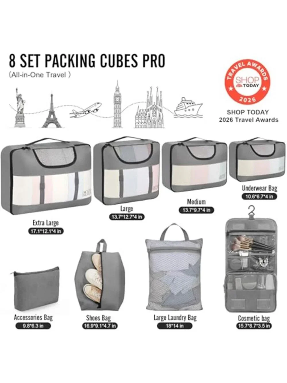 Packing Cubes 8 Piece Travel Suitcase Organizer Set Gray Luggage Storage Bags